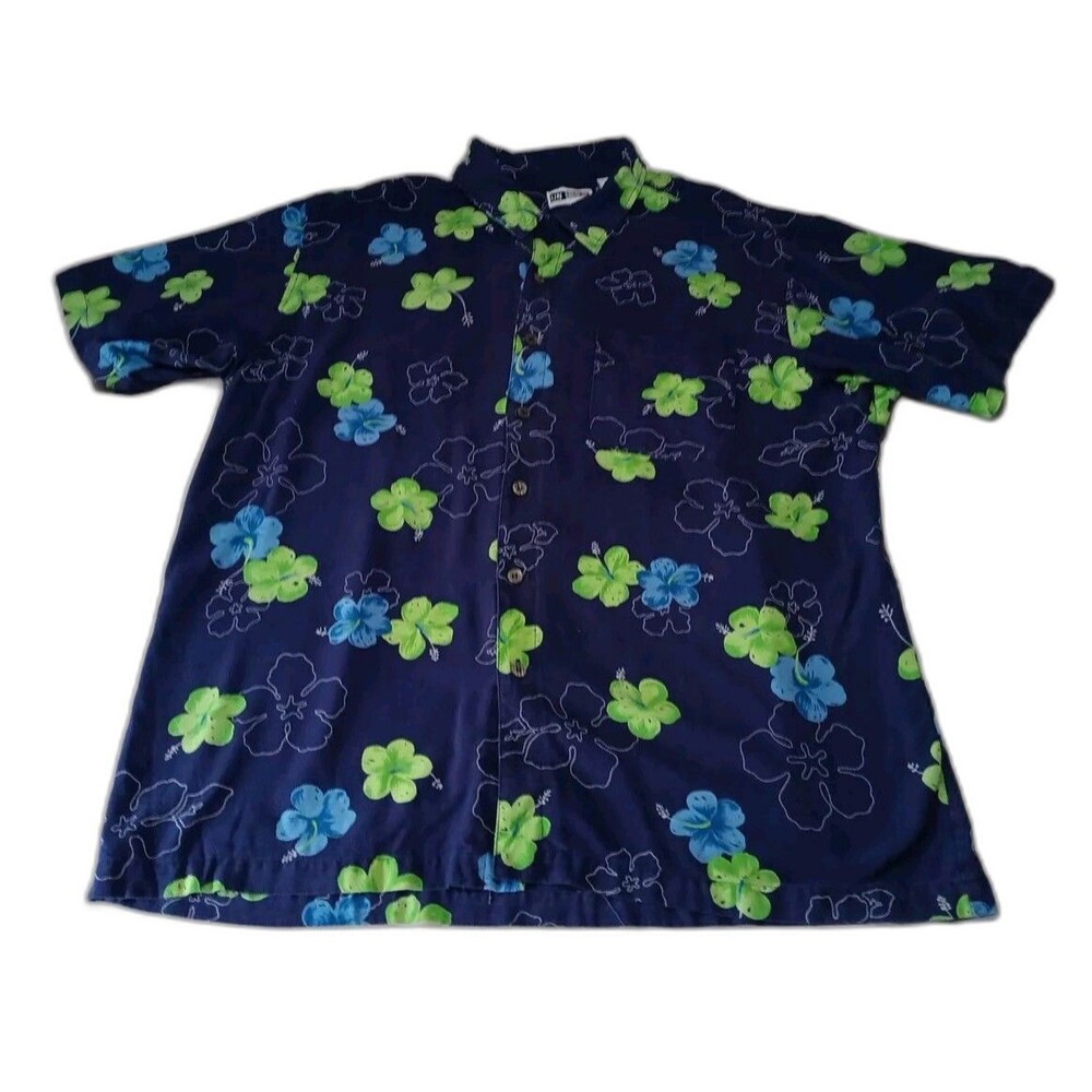 Untied Men Tropical Floral 100% Silk Aloha Camp Short Sleeve Shirt Blue Size XL